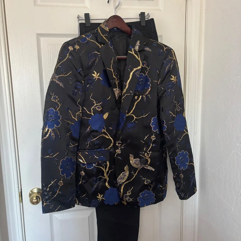Cloudstyle Mens 2 Piece Floral Dress Suit Blue Gold Tuxedo Jacket Pants Medium